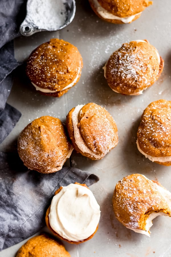 Pumpkin whoopie pies with brown butter cream cheese frosting
