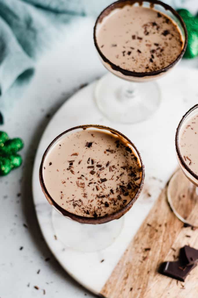 Top view of white Russian cocktails with chocolate shavings
