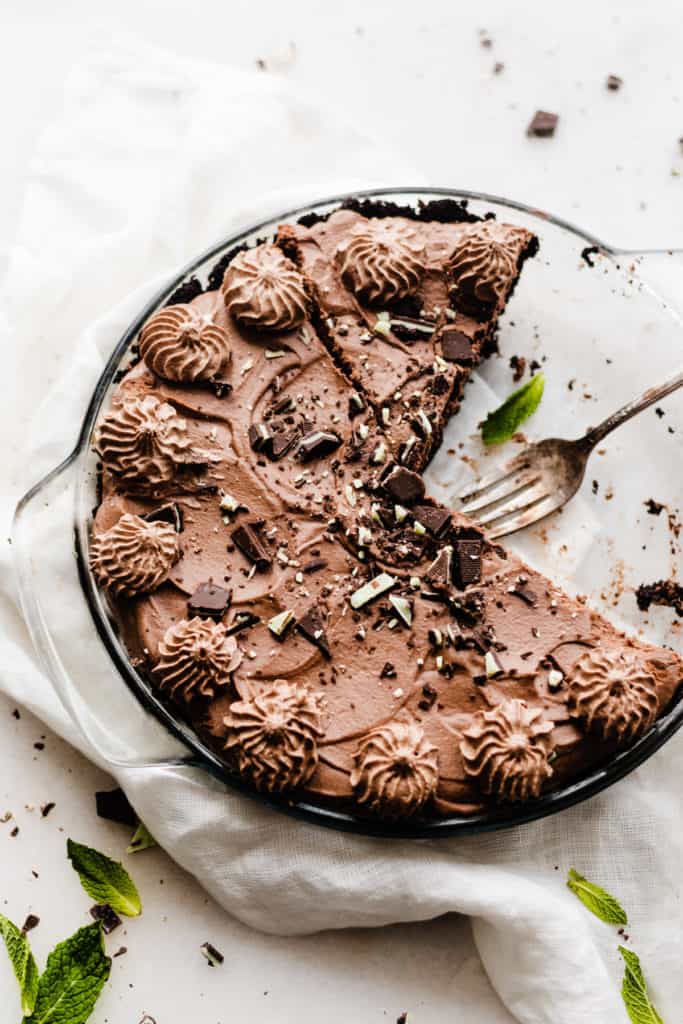 Mint chocolate pie in a clear pan