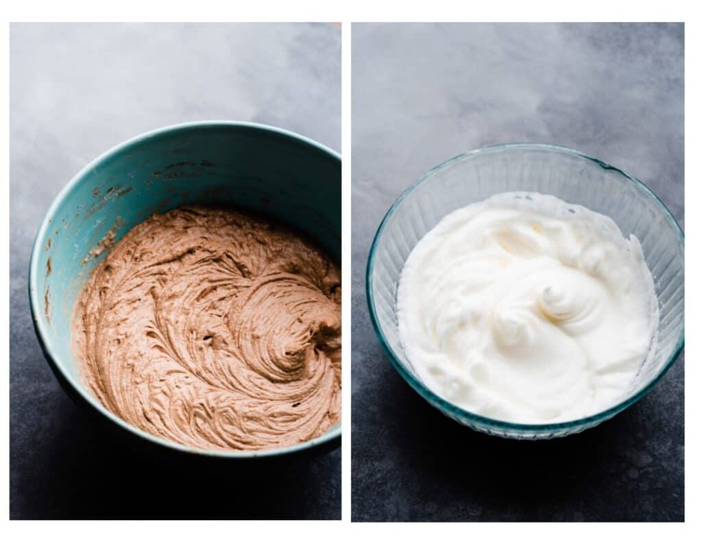 2 images - a bowl of chocolate cake batter and a bowl of whipped egg whites