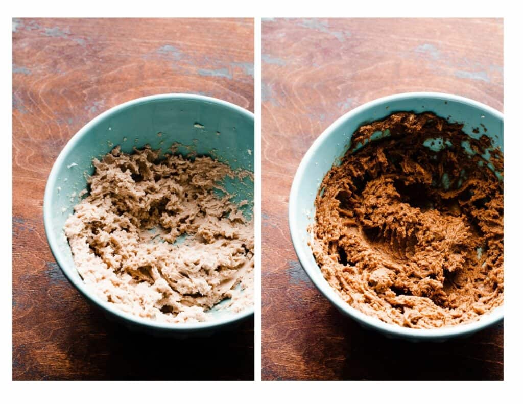 Two images - one of a bowl of butter and sugar creamed, and one of the mixture after adding molasses.