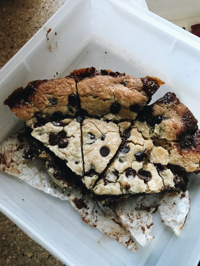 cast iron skillet chocolate chip cookie with caramel