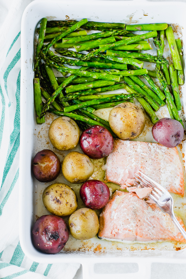 One Pan Garlic Butter Salmon with Asparagus and Potatoes