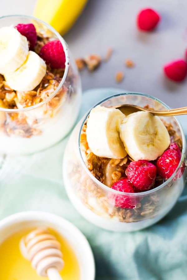 5-minute breakfast parfaits with honey, granola, and fruit