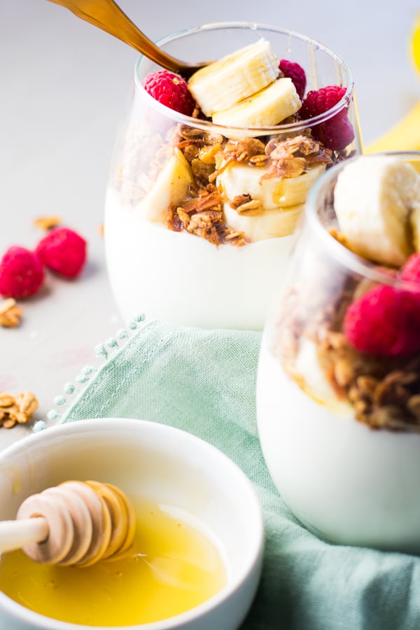 5-minute breakfast parfaits with honey, granola, and fruit