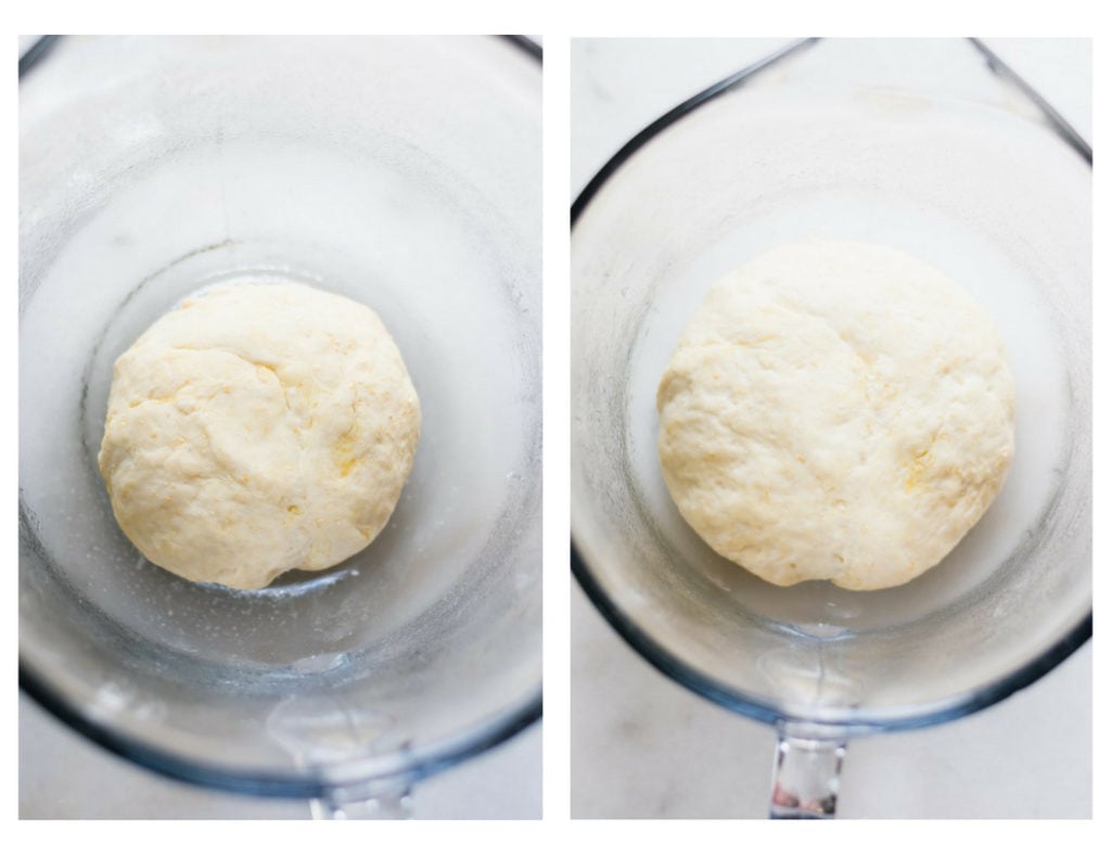 Pizza dough rising in a measuring cup.