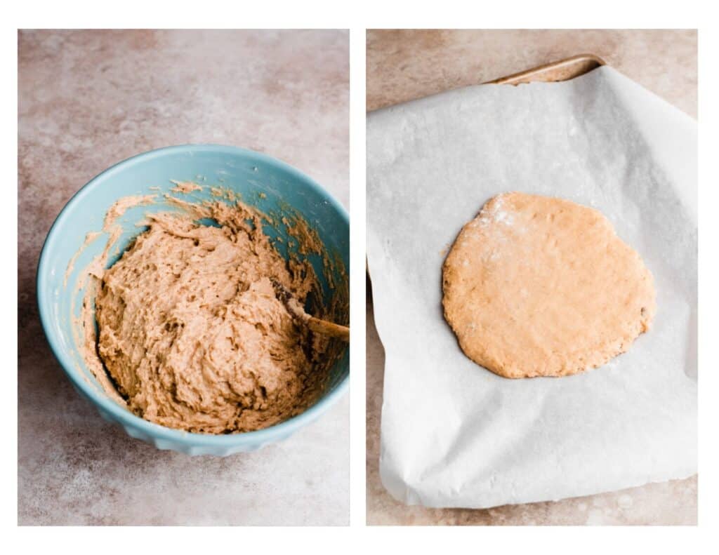 Two images - one of a bowl of shaggy donut dough, and one of the dough pressed out on a parchment lined pan.