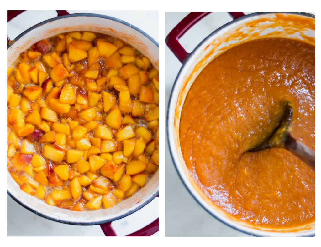 Peach butter cooking in a pot.