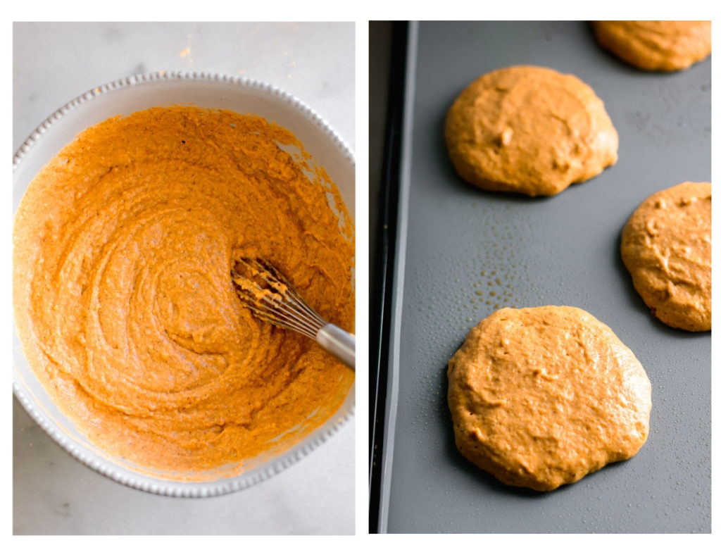 Pumpkin pancake batter in a bowl and on a tray.