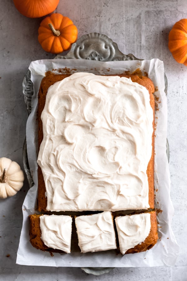 Pumpkin spice cake with cream cheese frosting.