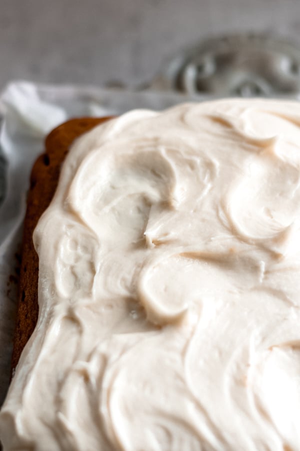 Pumpkin spice cake with cream cheese frosting.