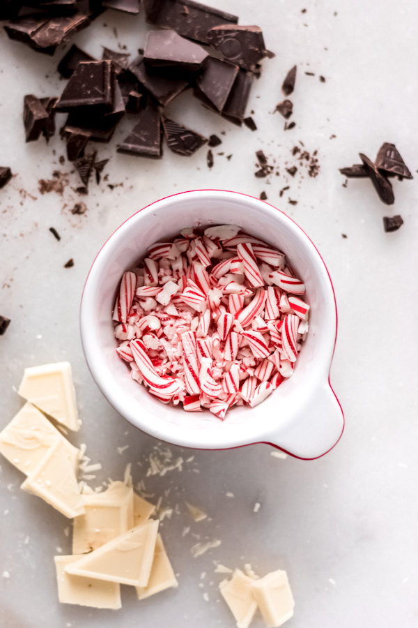 Crushed candy canes and chocolate.