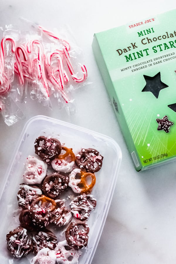 Chocolate covered pretzels with peppermint.