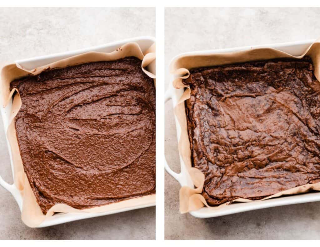 Two images: a pan of the unbaked and baked brownies.