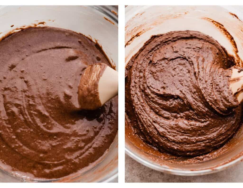 Two images: one of the chocolate folded into the eggs, and one of the brownie batter. 