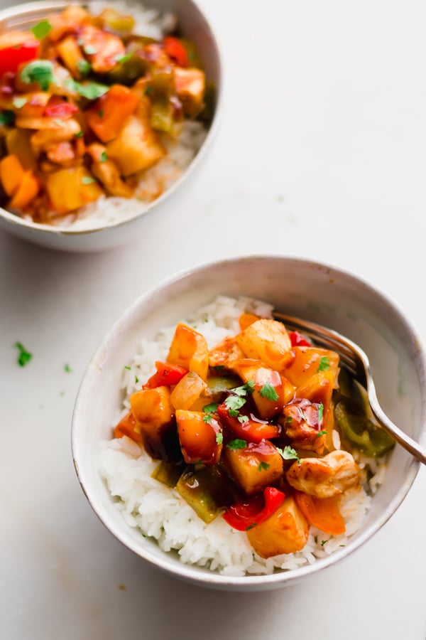 Hawaiian Chicken in a bowl with rice.