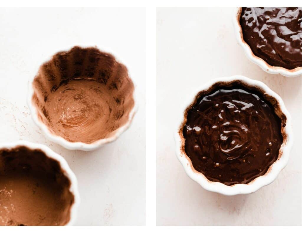 The buttered and cocoa powdered ramekins without and then with batter.