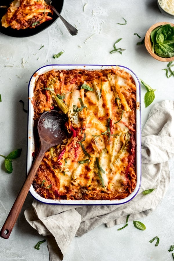 Cheesy pasta bake with sausage and peppers.