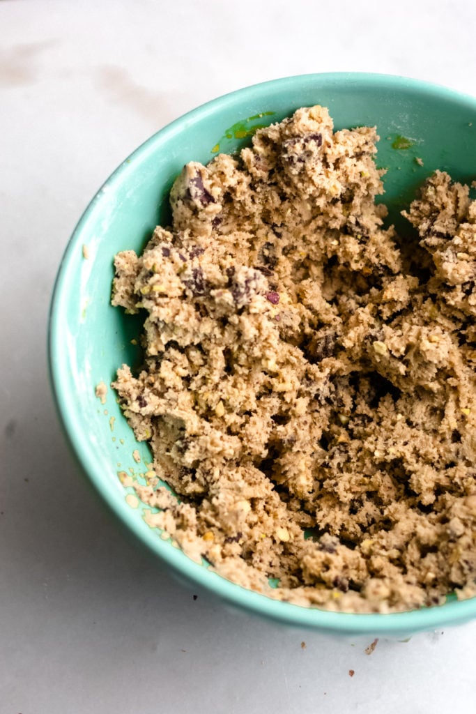 Cookie dough in a bowl.