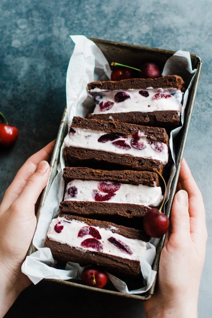 Black forest ice cream made into brownie ice cream sandwiches.