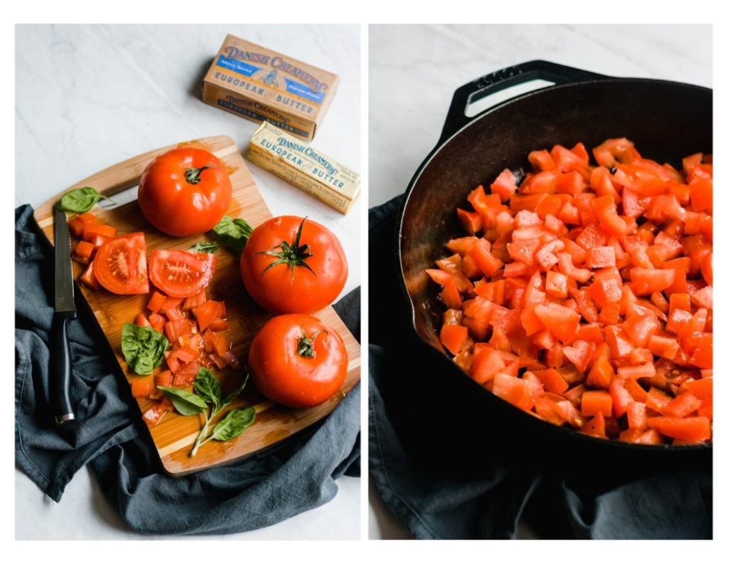 Tomatoes on a cutting board and diced in a skillet.