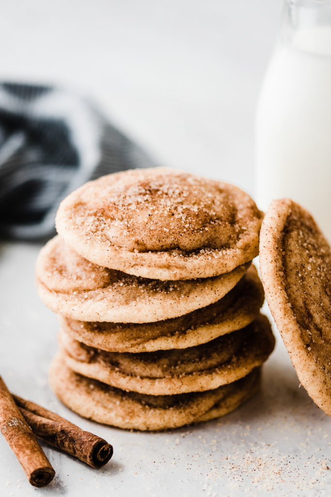Close-up of a stack of snickerdoodle cookies.