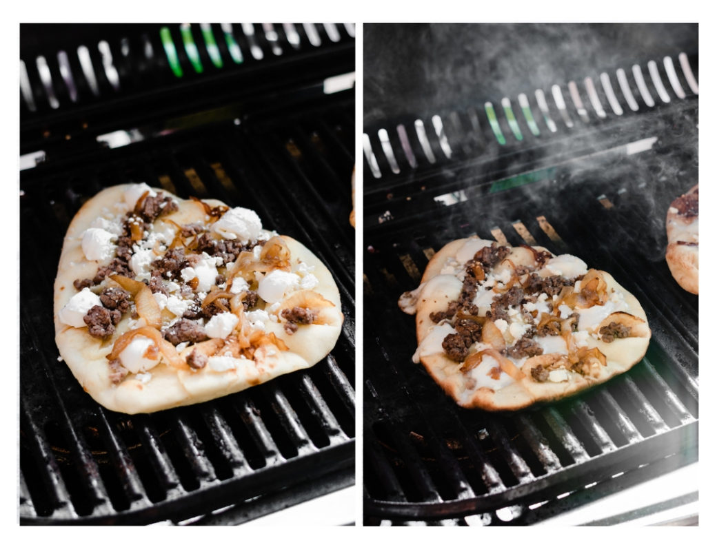 Grilled Lamb Pizzas with Arugula + Honey - Grilled Lamb Pizzas are crazy delicious, but simple enough to make for a game-day watch party or tailgate – everything can be prepped ahead! Made with naan bread, caramelized onions, feta + mozzarella cheese, ground lamb, fresh arugula, and a drizzle of honey. #lamb #pizza #pizzarecipes #tailgating #grilling #grillingrecipes #mozzarella #easyrecipe #dinnerrecipes #gameday #gamedayfood #gamedayrecipes #comfortfood| bluebowlrecipes.com