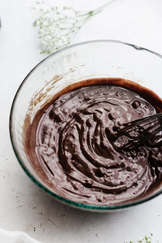 Bowl of chocolate muffin batter being whisked.