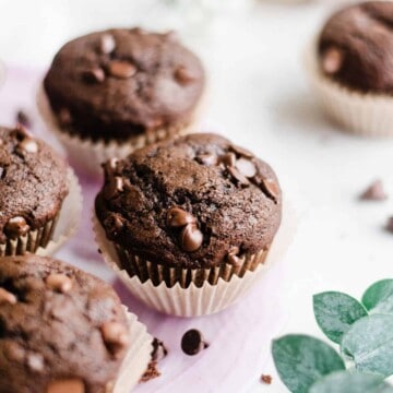 Chocolate chip muffins on a purple plate.