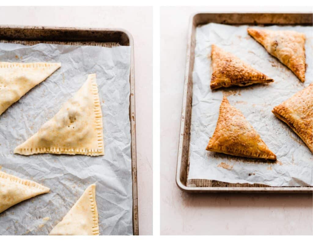 Two images - one of the unbaked and one of the baked turnovers. 
