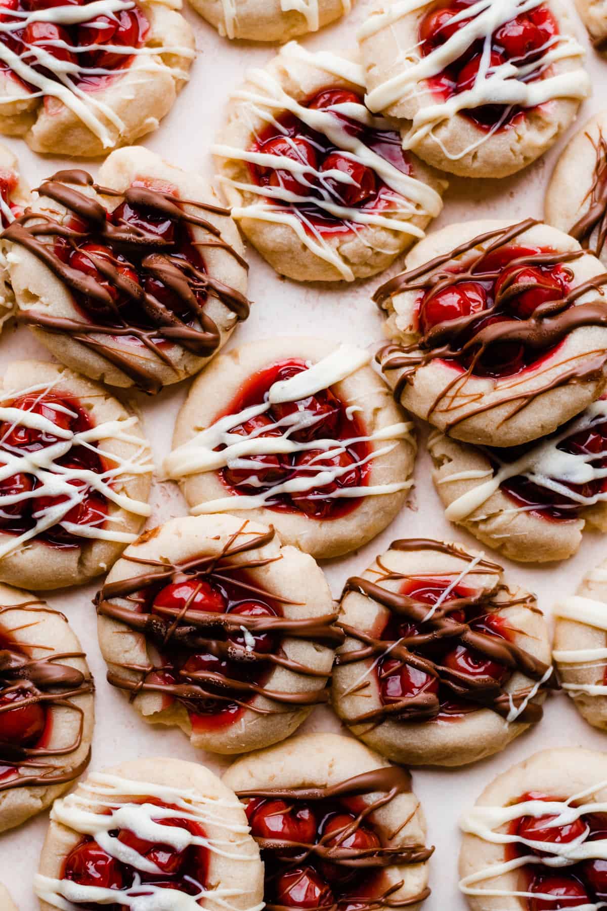 Cherry filled cookies drizzled with chocolate.