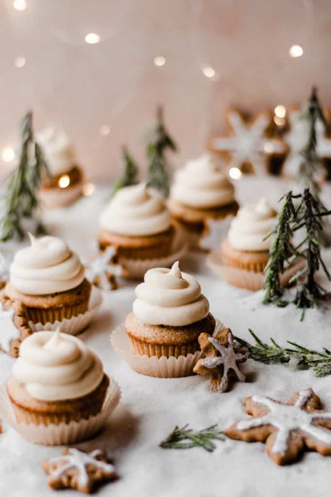 Cupcakes in a sugar "snow" forest with rosemary "trees" and twinkly lights