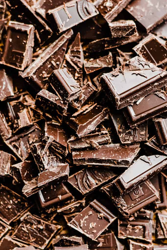 A close-up of chopped semi-sweet chocolate