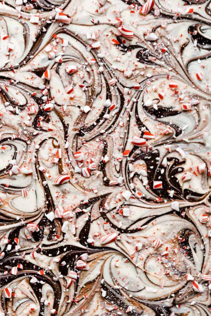 A close-up on the peppermint bark and it's swirls, before it's broken into pieces