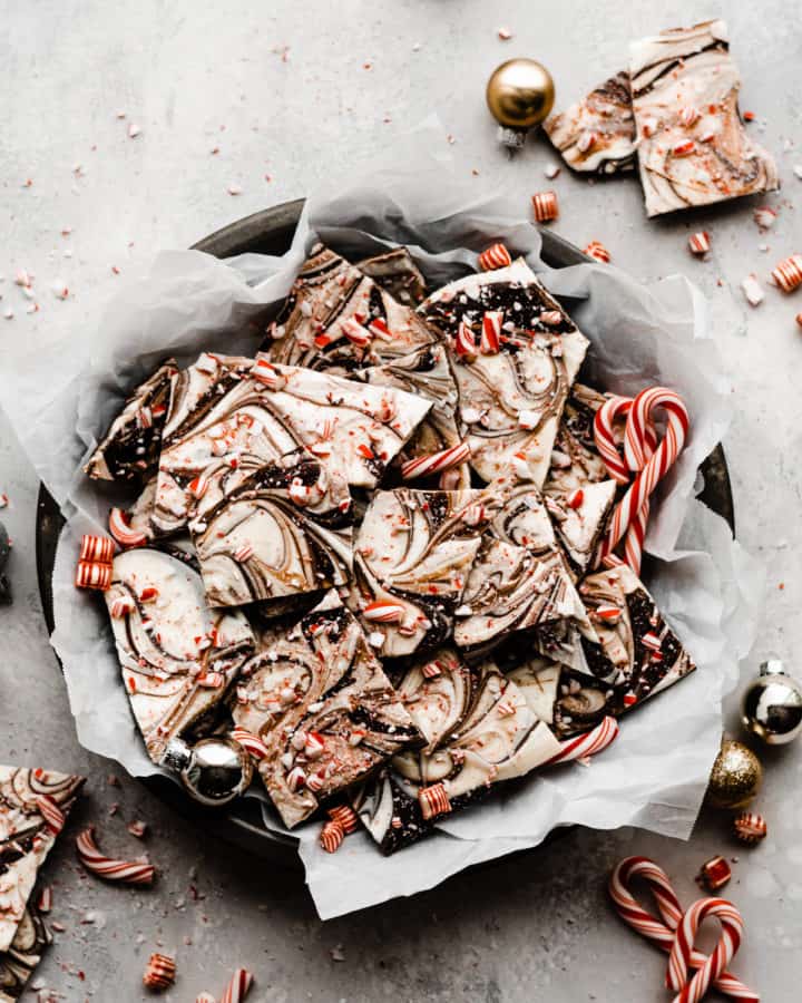 Peppermint bark pieces in a pie dish.