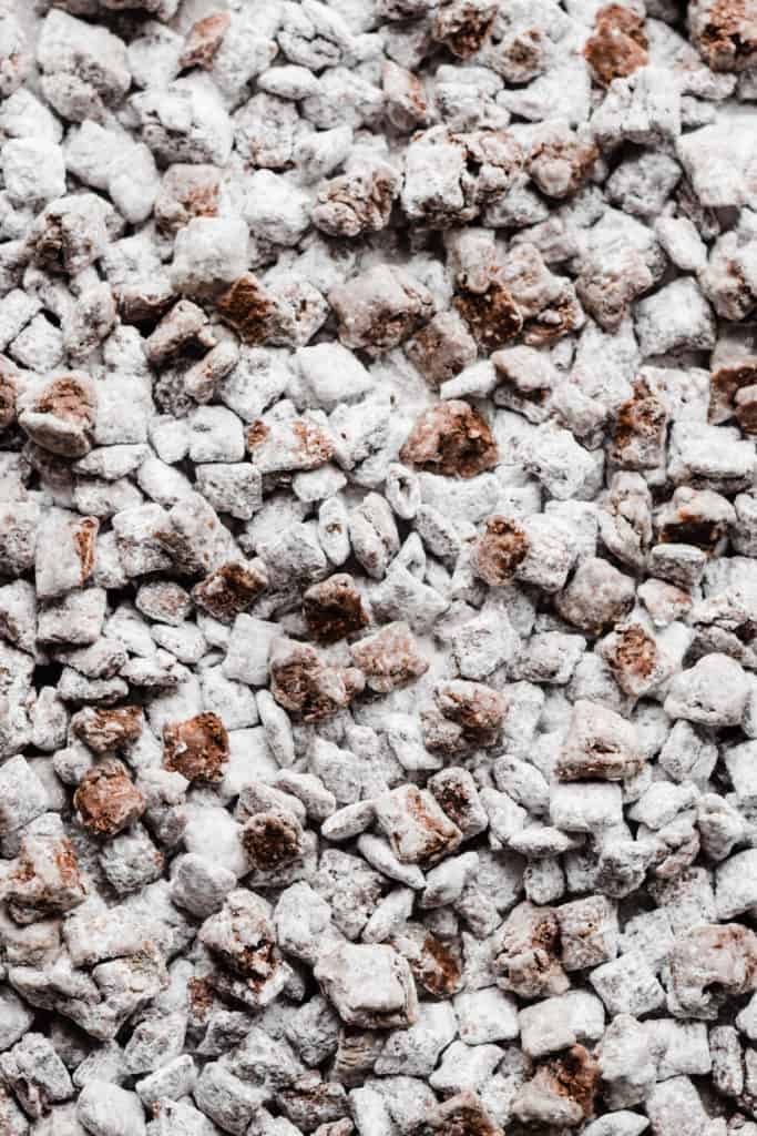 A close-up on the sheet pan of puppy chow 