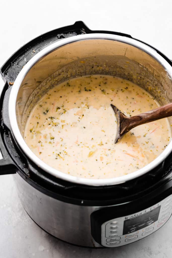 An instant pot with the finished soup