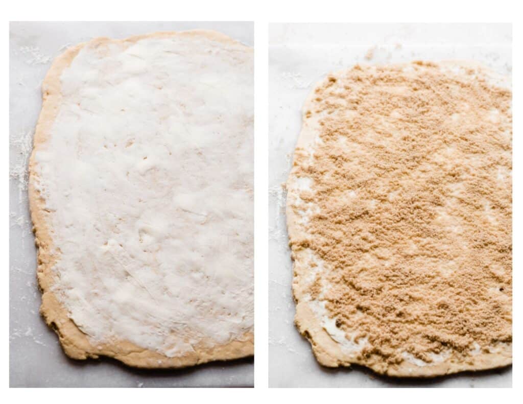 Two images - one of the dough spread with butter, and the second of the dough topped with brown sugar.