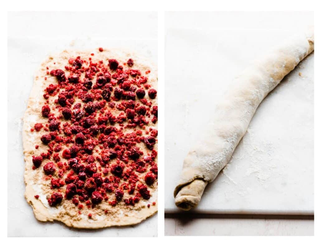 Two images - The dough topped with raspberry filling, and then rolled into a log.