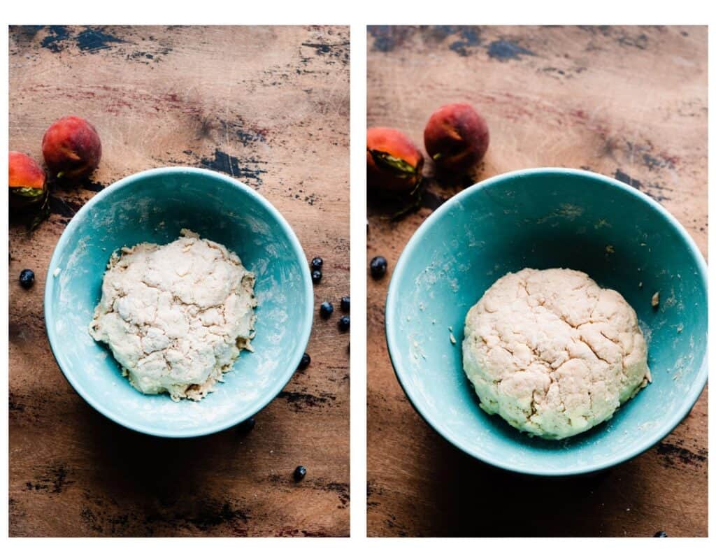 Two photos - a bowl of the biscuit dough while it's still a bit dry and shaggy, and a photo of the dough with a smidgen more milk added, so it comes together a little more smoothly (but still has some cracks).