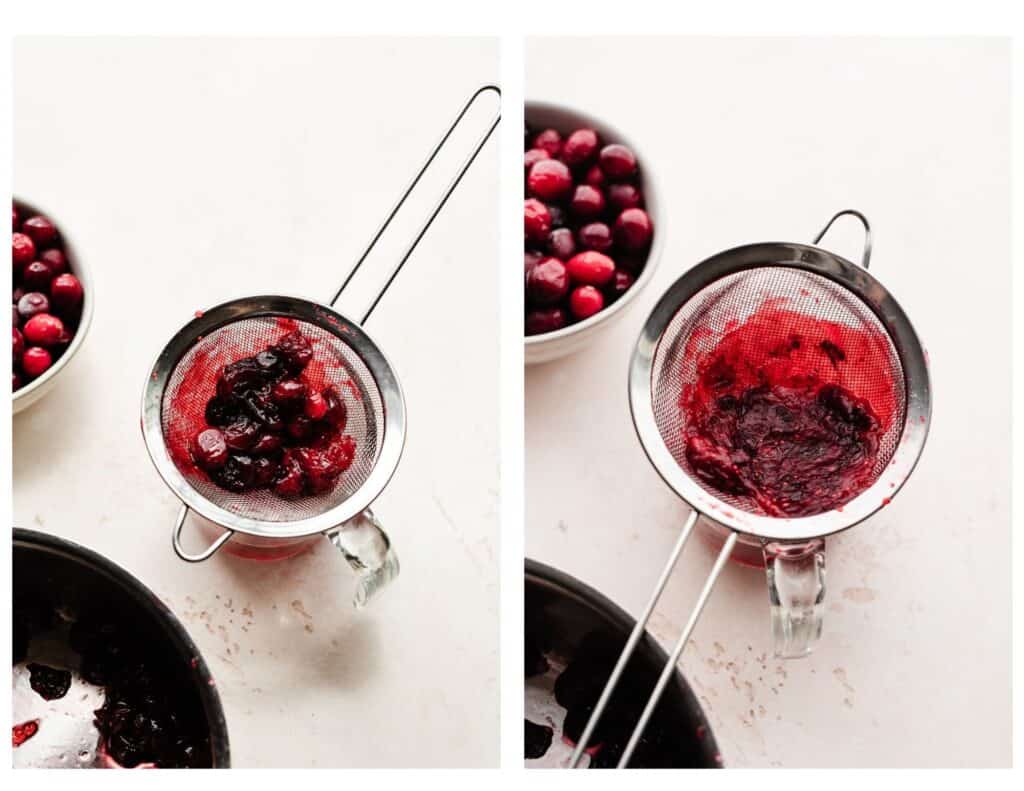 Two images - the cooked cranberries in a strainer, and the cooked cranberries smushed after the juices have been pushed through the strainer.