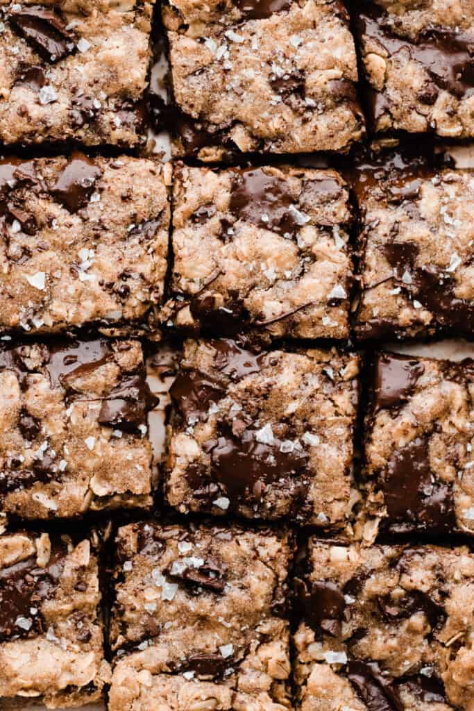 A close-up of the sliced cookie bars, with pools of melty chocolate and flaky sea salt on top.