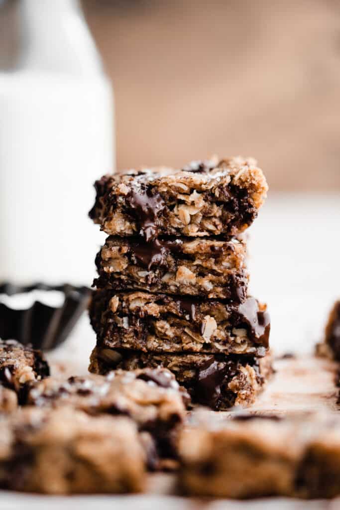 A stack of oatmeal chocolate chunk cookie bars.