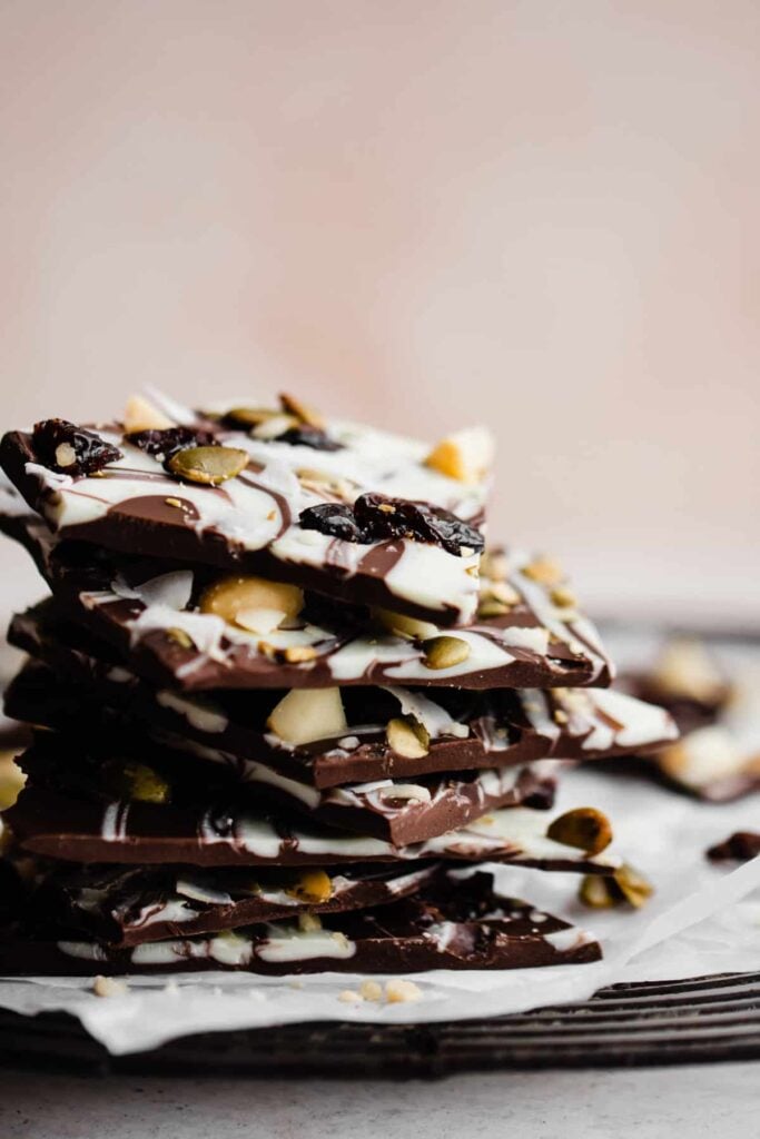 A stack of chocolate bark pieces, with swirls of white and semi-sweet chocolate.