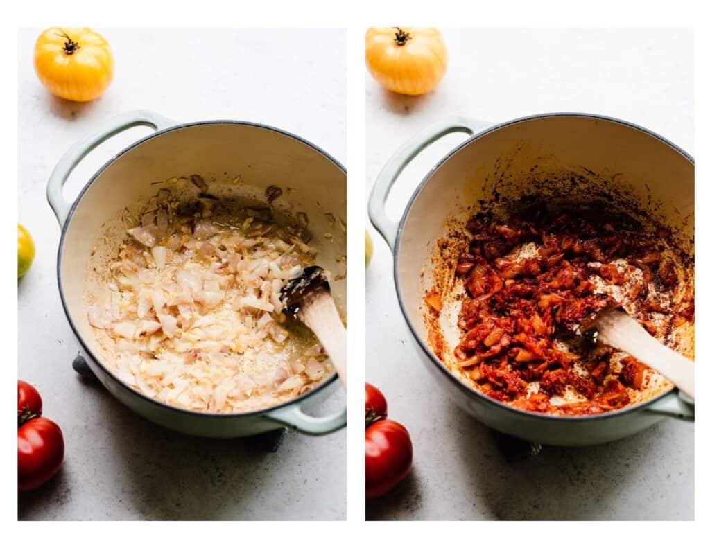 Two images - one of cooked, golden shallots in a dutch oven, and the other of the cooked shallots coated in tomato paste.