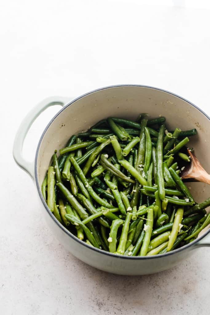 Cooked green beans in a dutch oven.