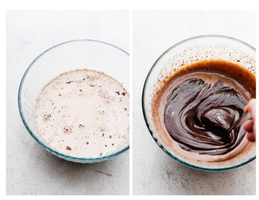 Two images - One of a bowl of heavy cream covering the chocolate, and one of a spoon stirring the chocolate ganache.