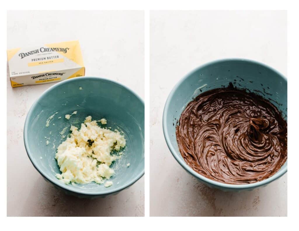 Two images - one of a bowl of creamed butter, and one of the chocolate, egg, and sugar mixture beaten into the butter.