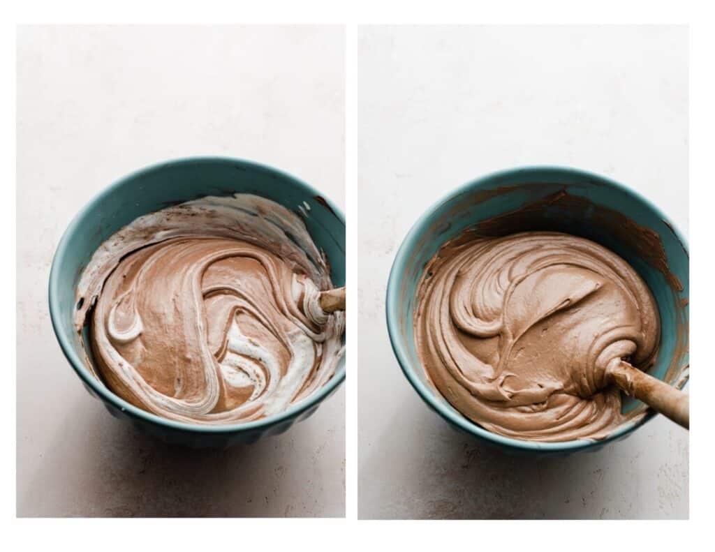 Two images - one of a bowl of the chocolate filling with the whipped cream being folded in, and the other of the finished silky chocolate filling.