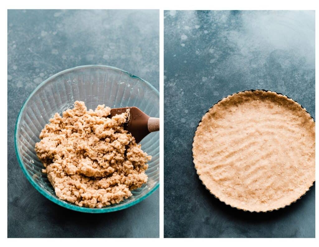 Two images - one of the crust mixture, and one of the crust pressed into the tart pan.
